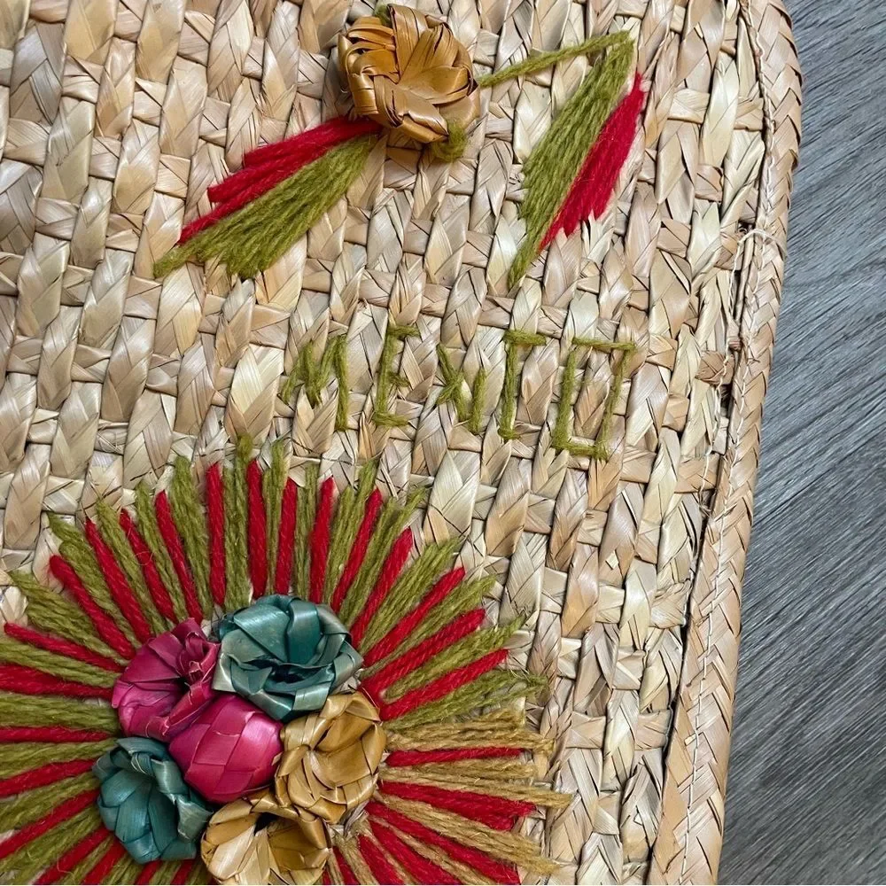 VINTAGE Hand Woven Straw México Floral Large Beach Tote Bag - Picture 5 of 10